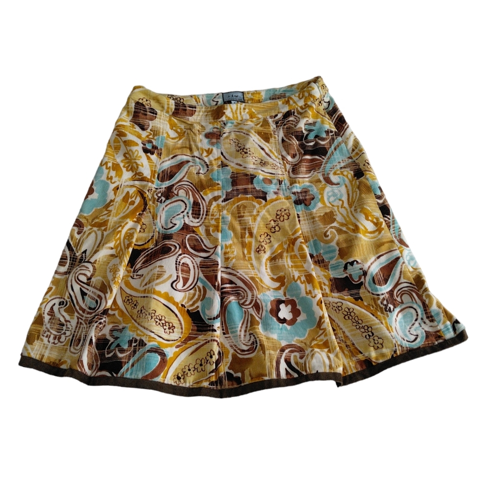 ITW By Claude Brown Pleated Floral Mini Skirt Womens Size 2 Yellow Brown